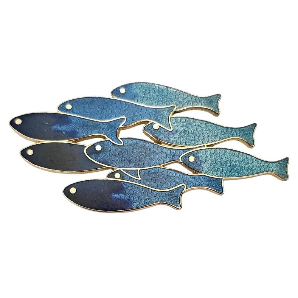 Fish Enterprise Blue Teal Champleve School Of Fish Brooch Pin Signed, J47 - Picture 6 of 6